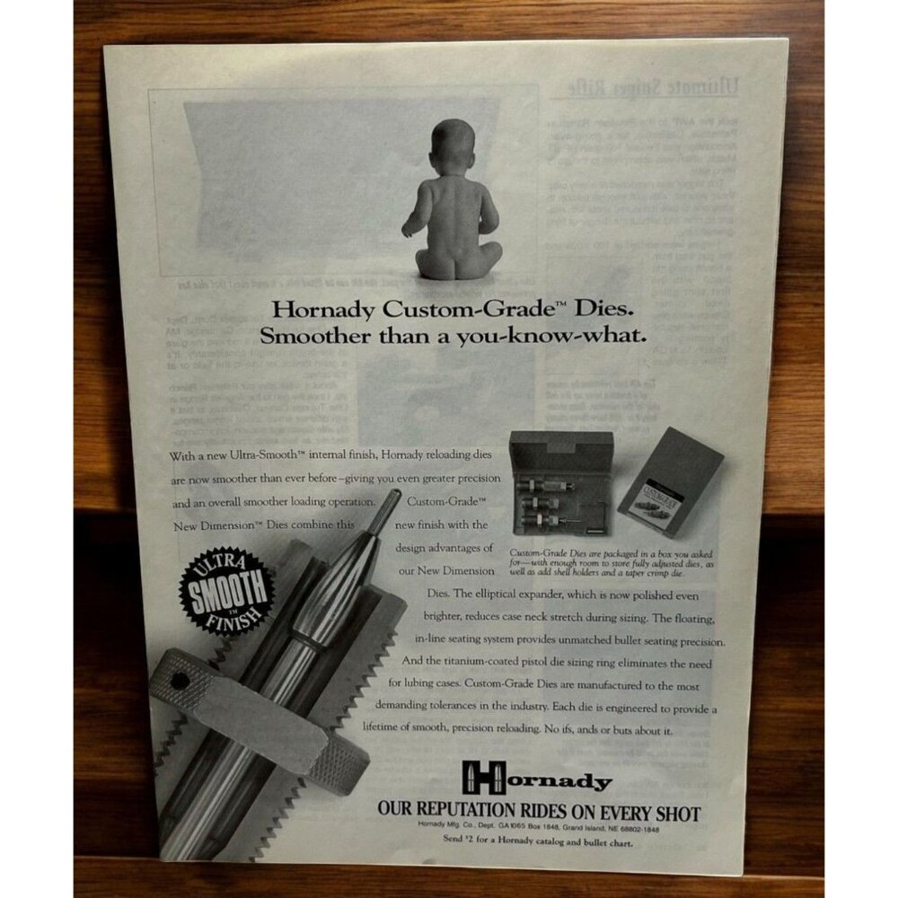 Hornady Custom-Grade Dies Vintage Print Ad 1990s Bullet Reloading Tool